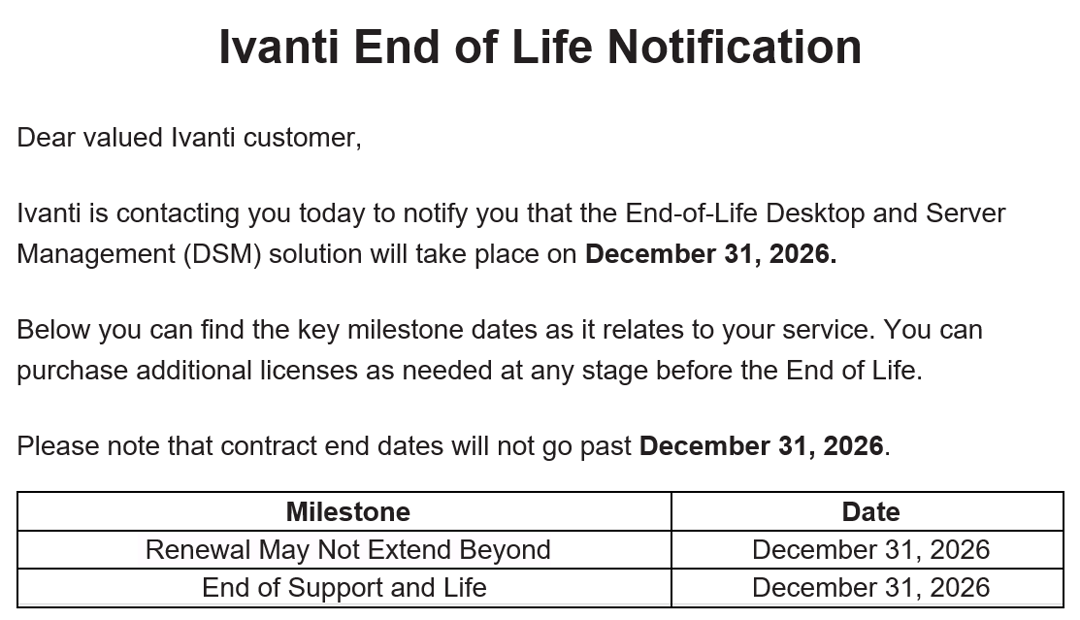 Grafik: Ivanti DSM End of Life